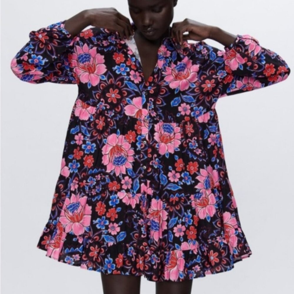 Retro Boho Floral Button Front Shirt Mini Dress